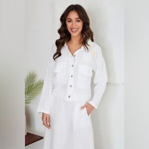 (30100-WHT) LONG SLEEVE LINEN BUTTON DOWN SHIRT WITH EYELET DETAILS